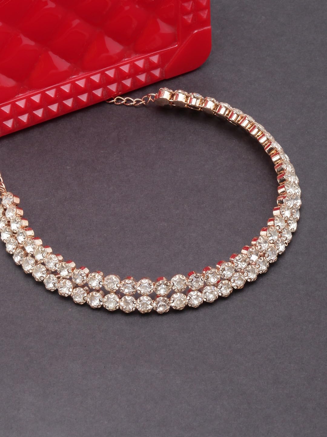 Sovely Rhinestone Crystal Choker Necklace Beautiful 2 Layered White Stone Choker Gold Plated Necklace With Earring For Women And Girls Jewellery Set, Classic Style Cubic Zirconia Studded