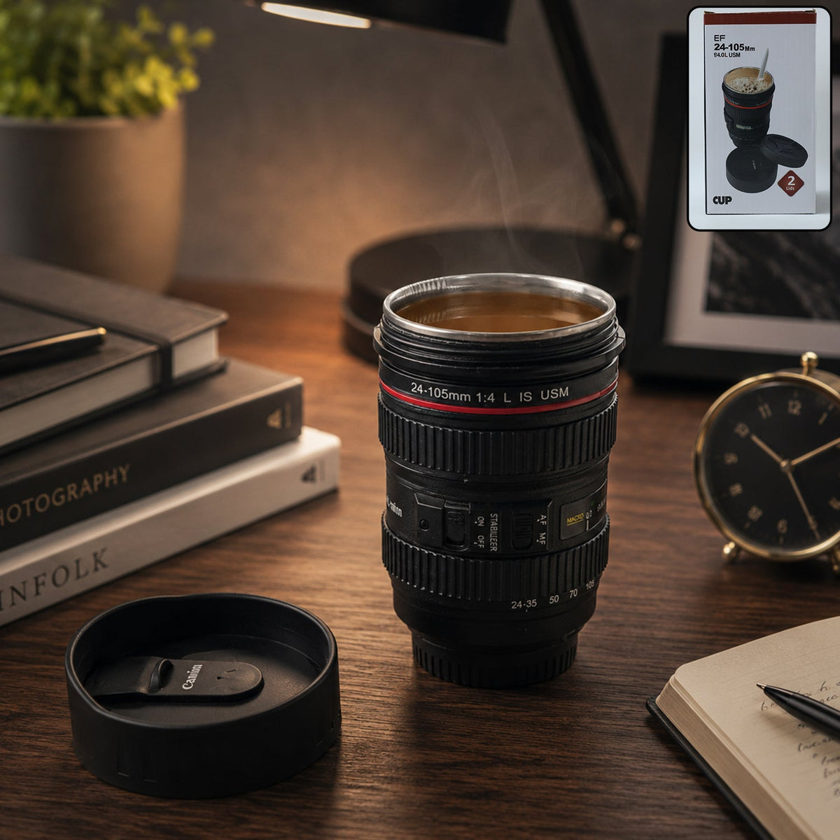 Travel Coffee Mug Combo – Leak-Resistant Coffee Tumbler & Camera Lens Design Mug