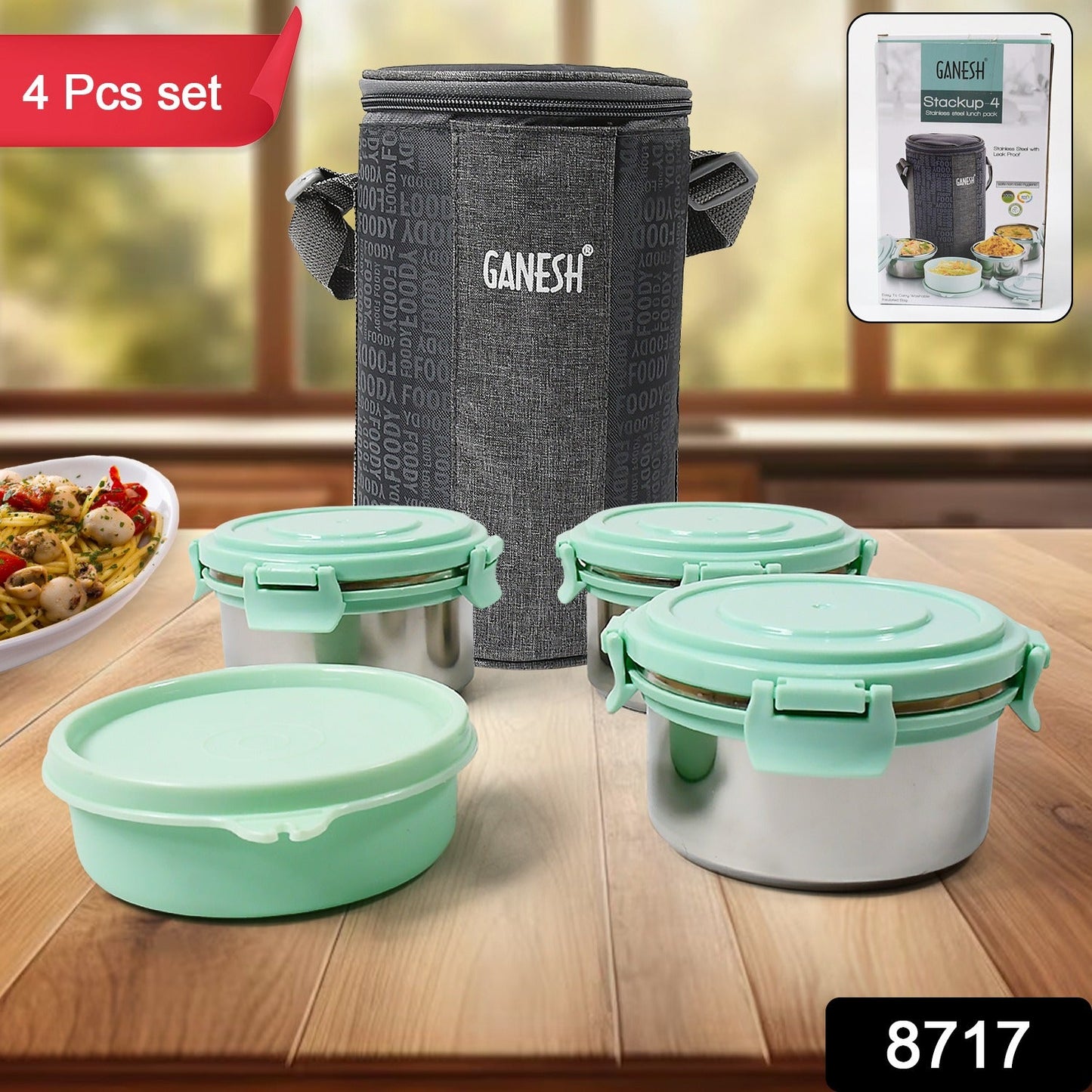 Ganesh 4In1 Tiffin Box-Lunch Box | 3 Stainless Steel Containers 300 Ml Approx & Plastic Salad Container 200 Ml Approx| Plastic lid Box | Round Zip Bag | Leak Proof | Microwave Safe for Office, College and School for Men, Women