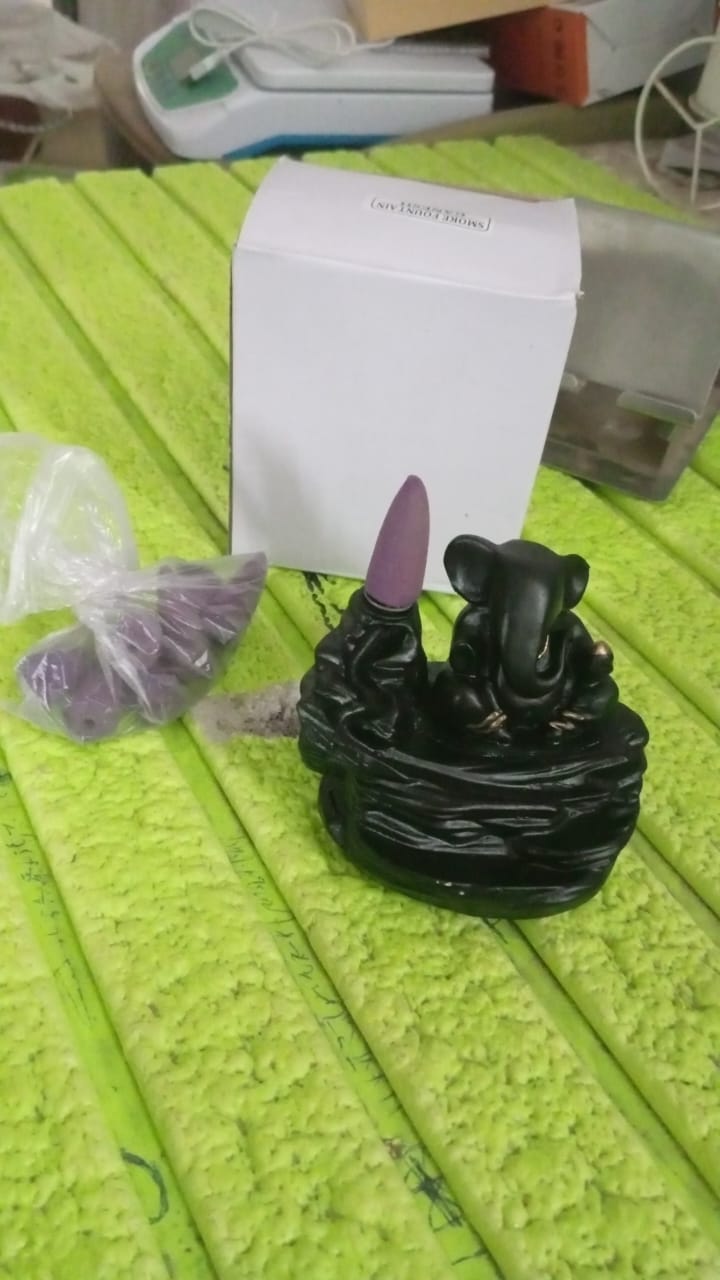 Black Ganesha smoke fountain with a purple incense cone, a white box, and a bag of purple cones on a textured green surface.