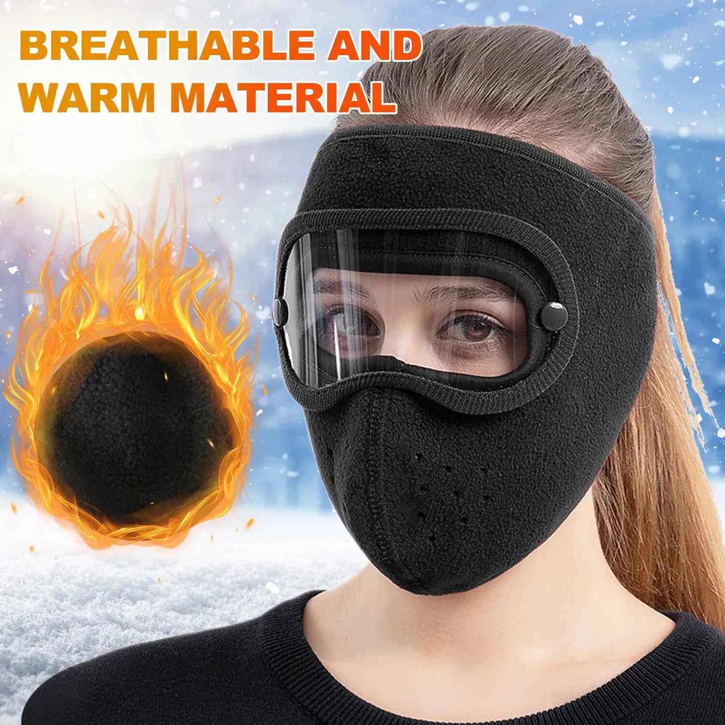 Unisex Winter Face Mask Full Protection Windproof Breathable Warm Fleece with Goggles Removable Lens