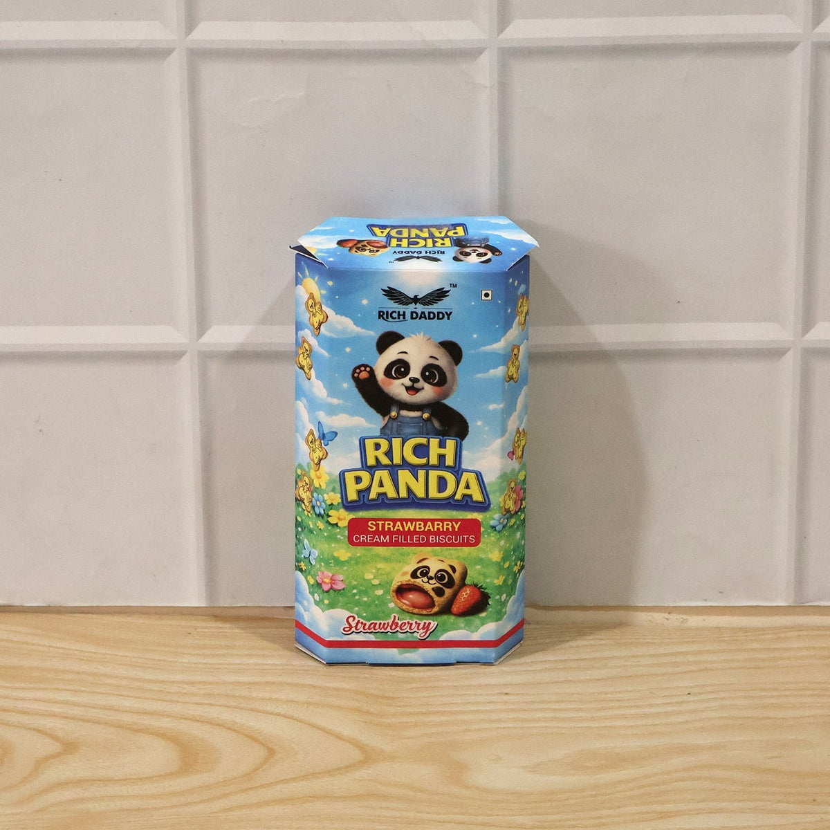 Stack of Panda Strawberry Cream Biscuits with a fun design