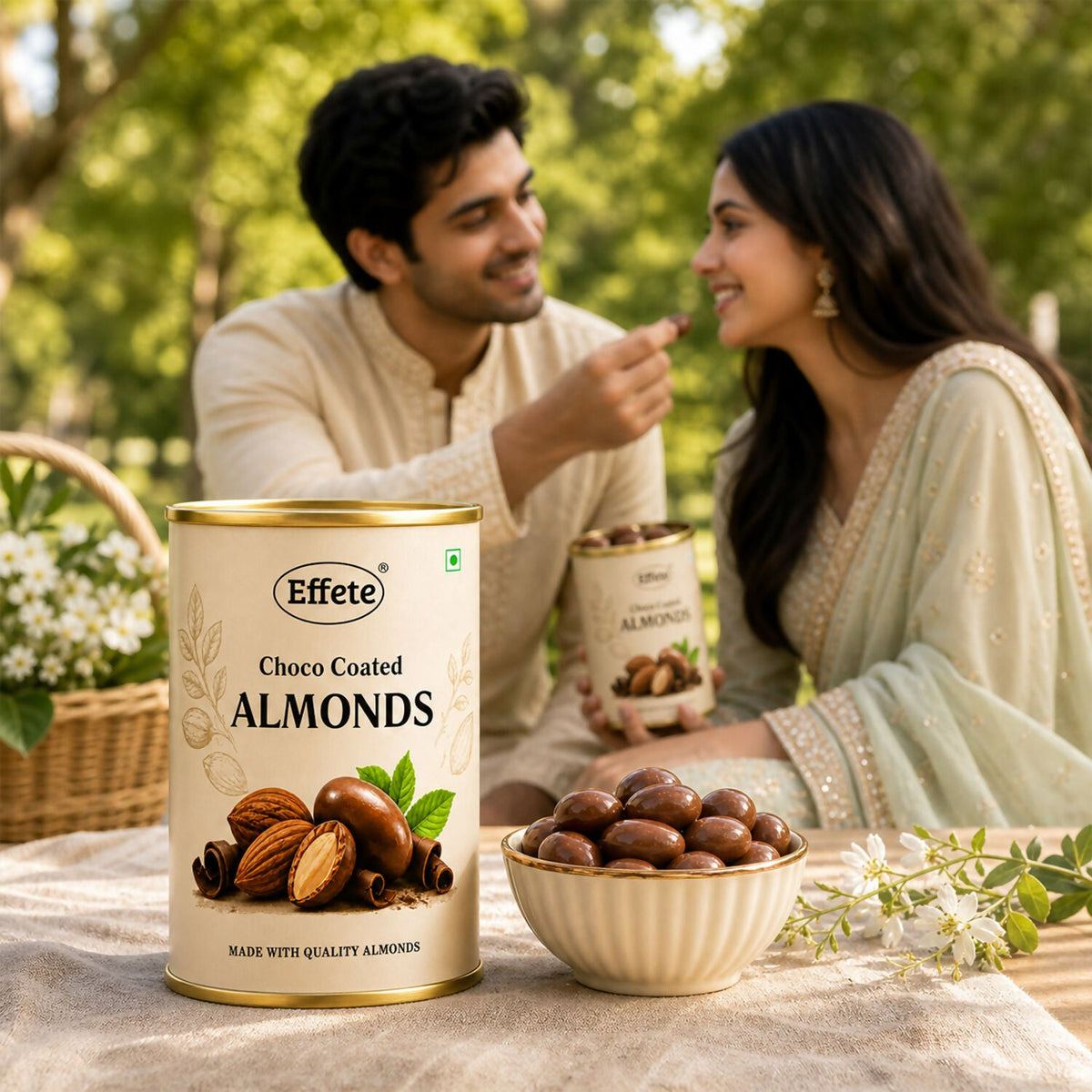A man feeding a woman a chocolate-covered almond, with a tin and bowl of almonds on a picnic table.