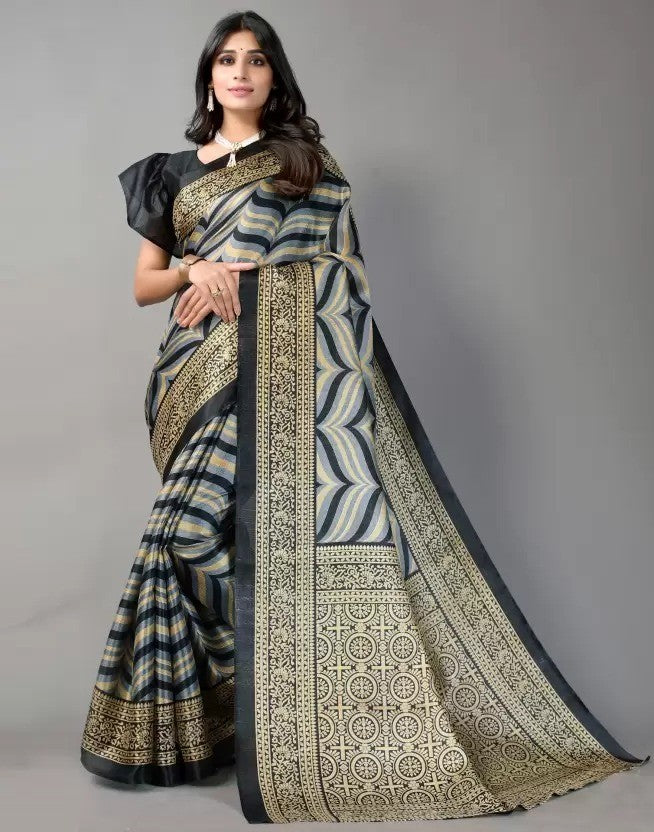 Black Women's Khadi Silk Saree with Blouse Piece