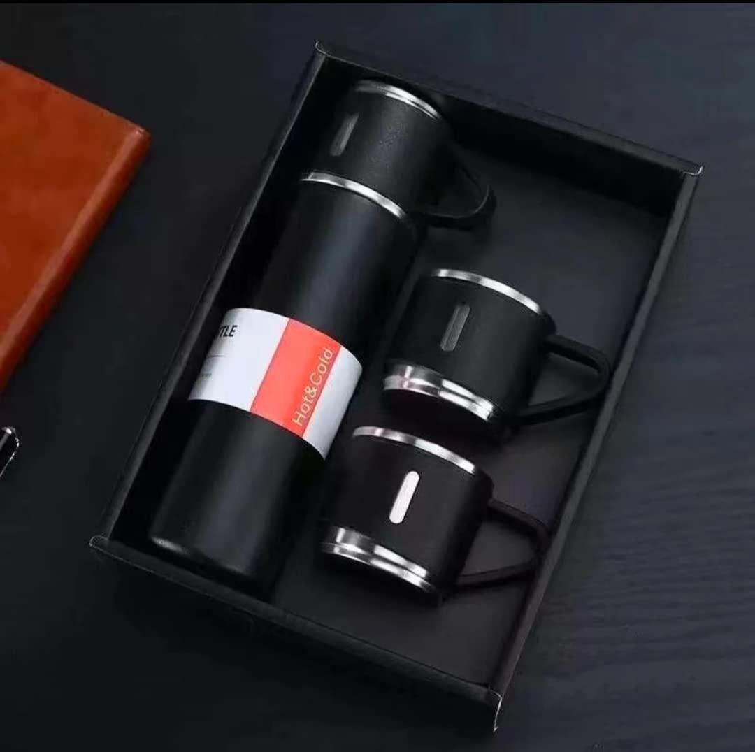 Thermo Vacuum Insulated Bottle Water Flask Gift Set with Two Cups Hot & Cold
