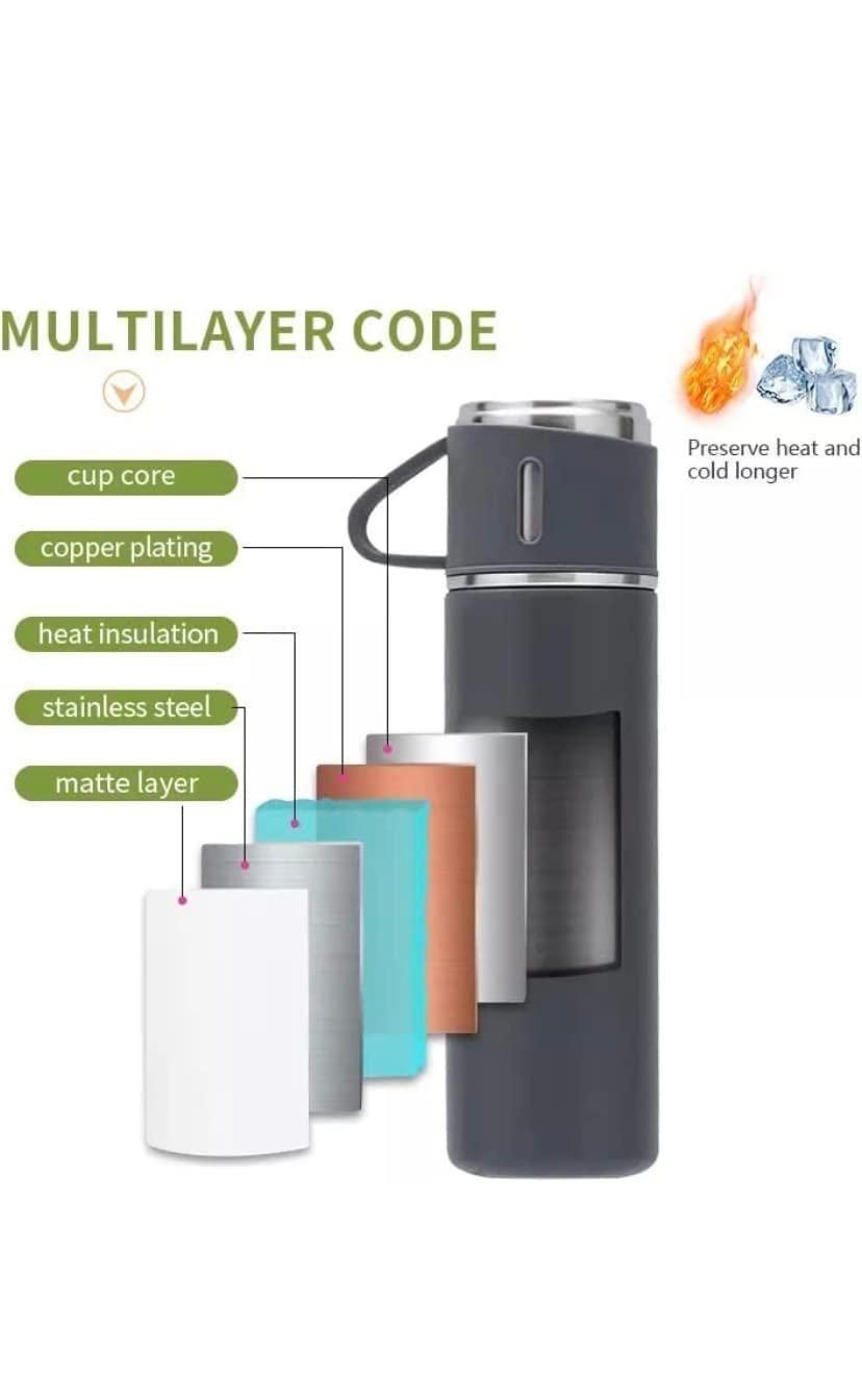 Thermo Vacuum Insulated Bottle Water Flask Gift Set with Two Cups Hot & Cold