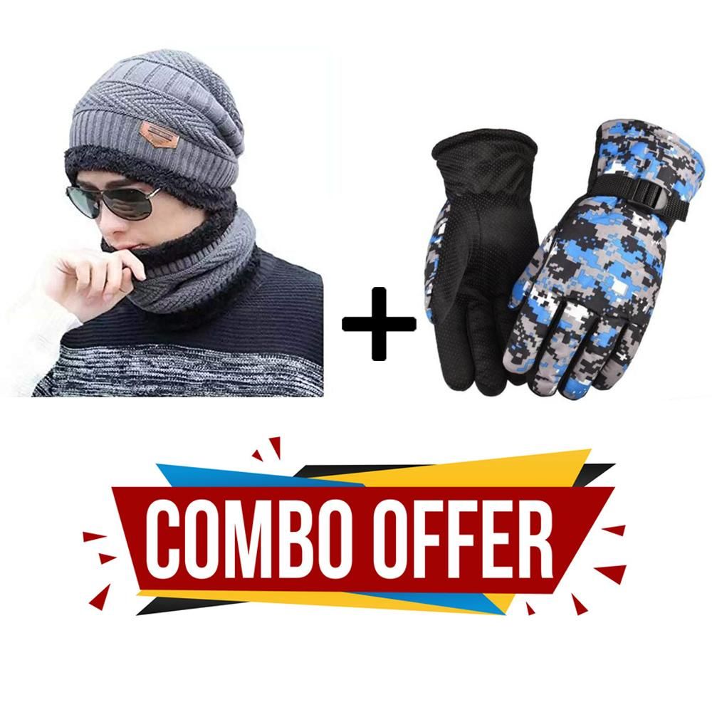 Combo-Pack(3 in 1)Cap Hat Neck Warmer Scarf With 1 Pair Gloves Combo Set Unisex