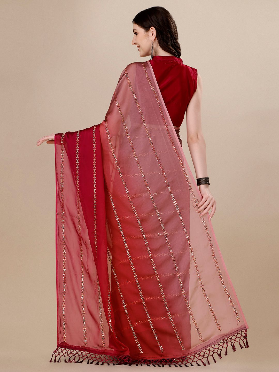 Fancy Sequined Embroidered Pink Coloured Silk Saree with Blouse Piece