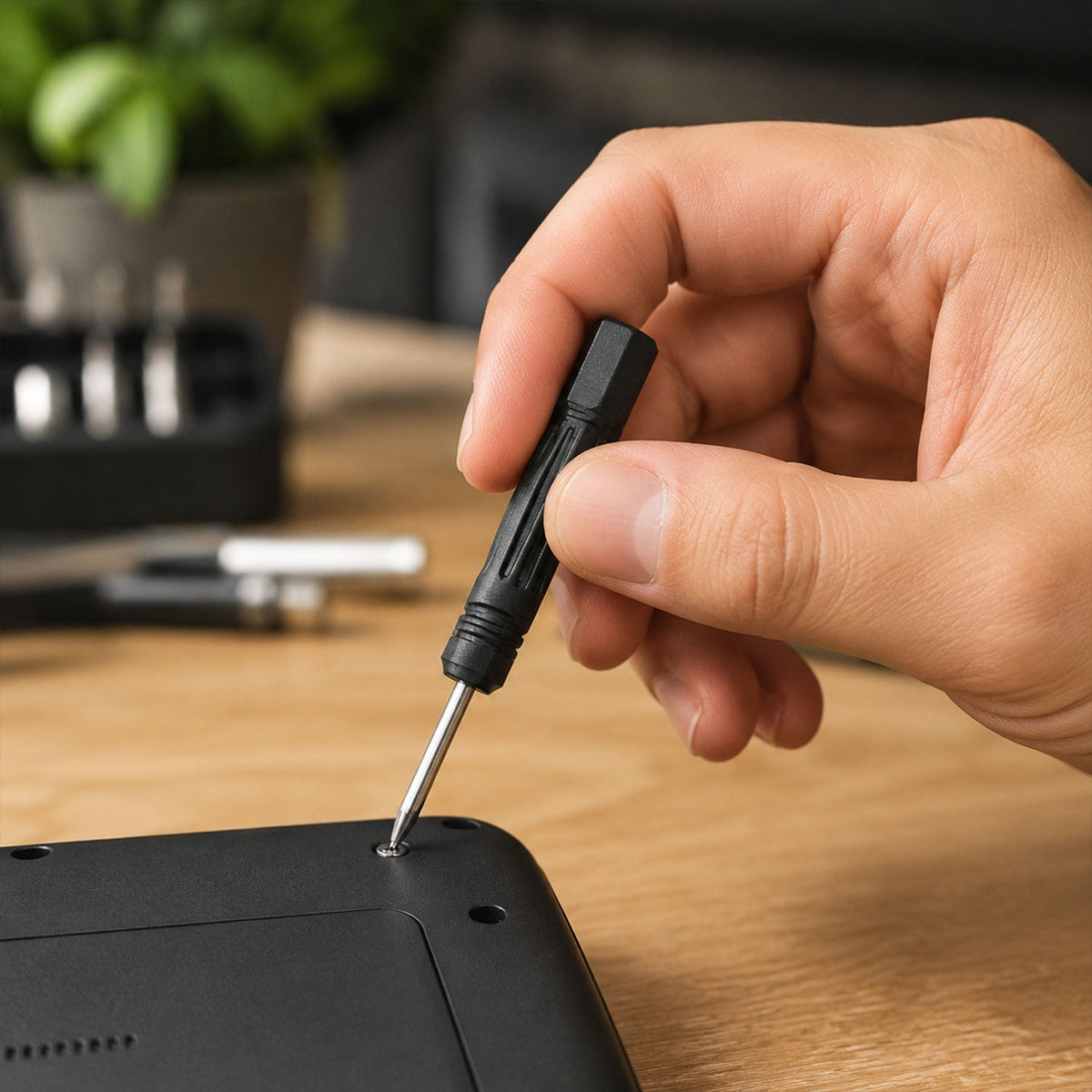 A hand uses a black and silver mini screwdriver to tighten a screw on a black device, with a small inset showing – view 3