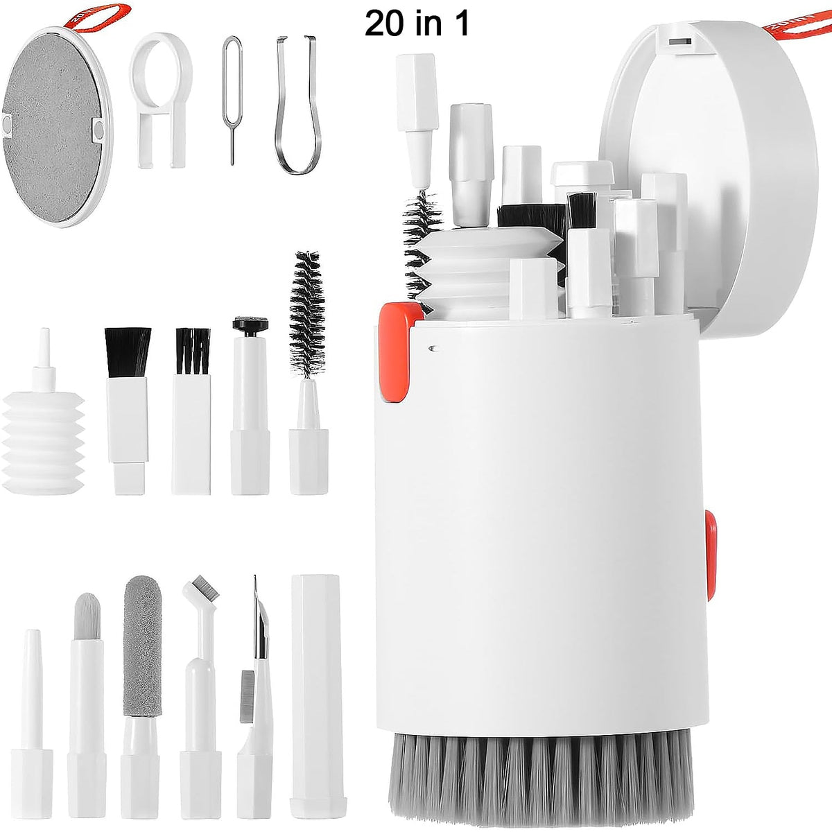 White 20-in-1 multi-tool cleaning kit with various attachments displayed and stored within the main unit.