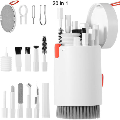 White 20-in-1 multi-tool cleaning kit with various attachments displayed and stored within the main unit.