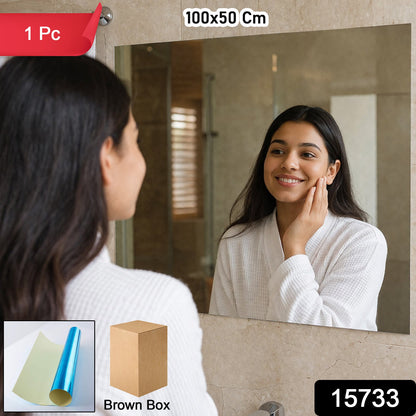 A woman in a white robe smiles at her reflection in a rectangular mirror, with product details overlaid.