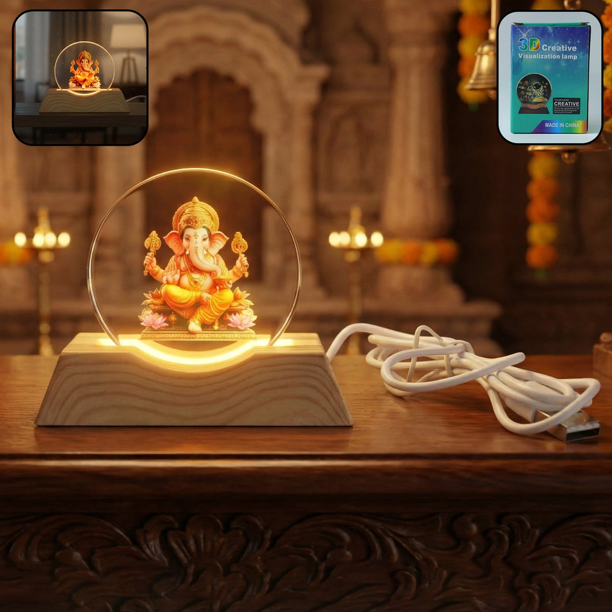 Lord Ganesha LED lamp with a white USB cable and a small inset showing it unlit.