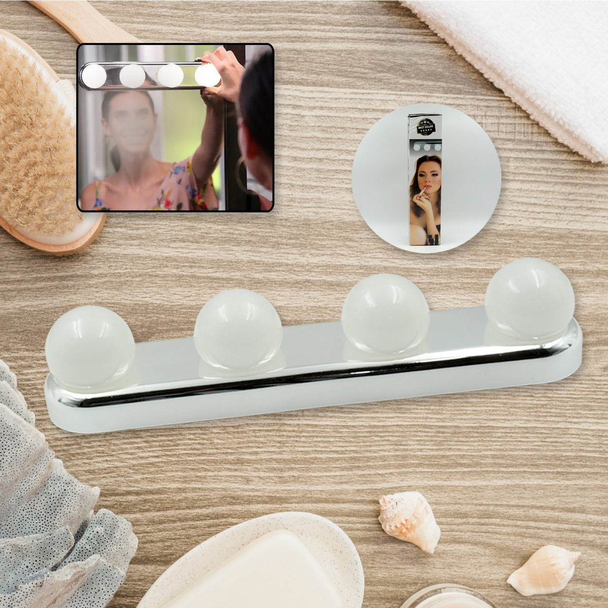 A white LED vanity light with four round bulbs is displayed on a wooden surface with bath accessories and product – view 3