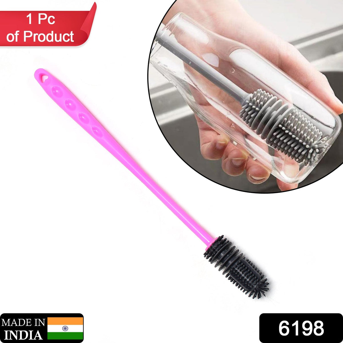 A pink and black silicone bottle brush with a label indicating "1 Pc of Product" and "Made in India".