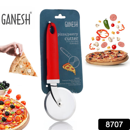 A pizza cutter with a red handle and stainless steel wheel is displayed in its packaging, surrounded by various pizza
