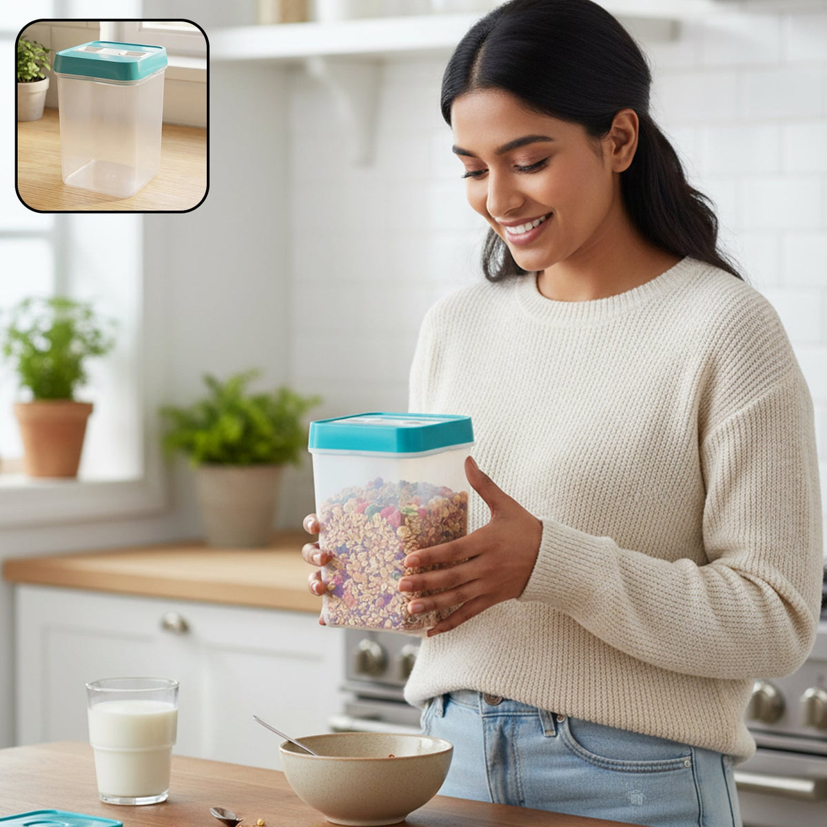 A woman in a cream sweater holds a clear plastic container filled with granola in a kitchen.