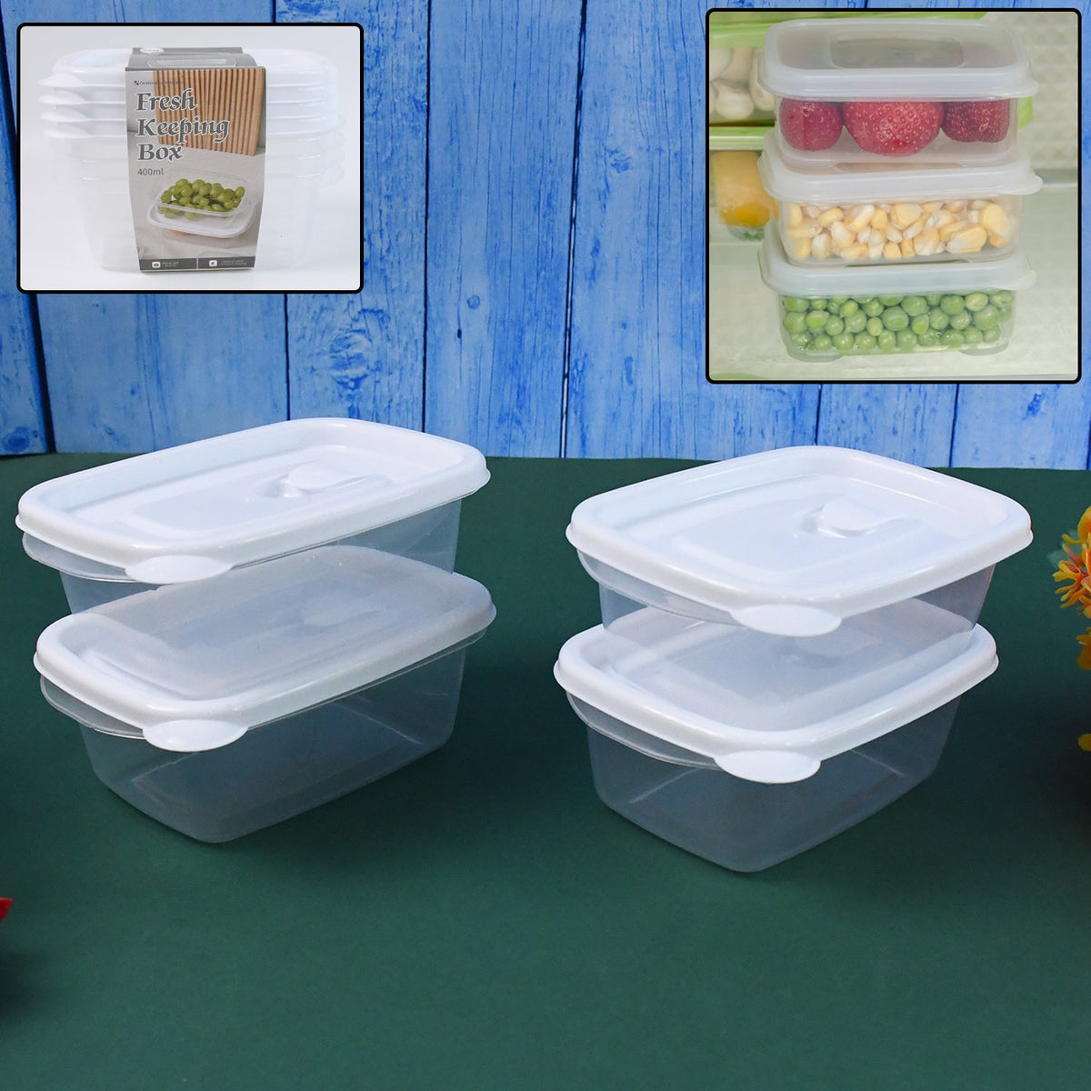 Four clear plastic food containers with white lids on a dark green surface, with inset images showing stacked containers.