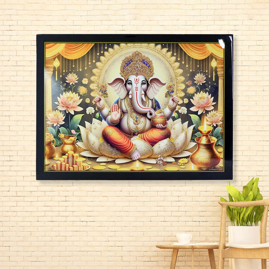 Lord Ganesha painting in a black frame, sitting on a lotus with gold coins and lamps around him, on a brick wall.