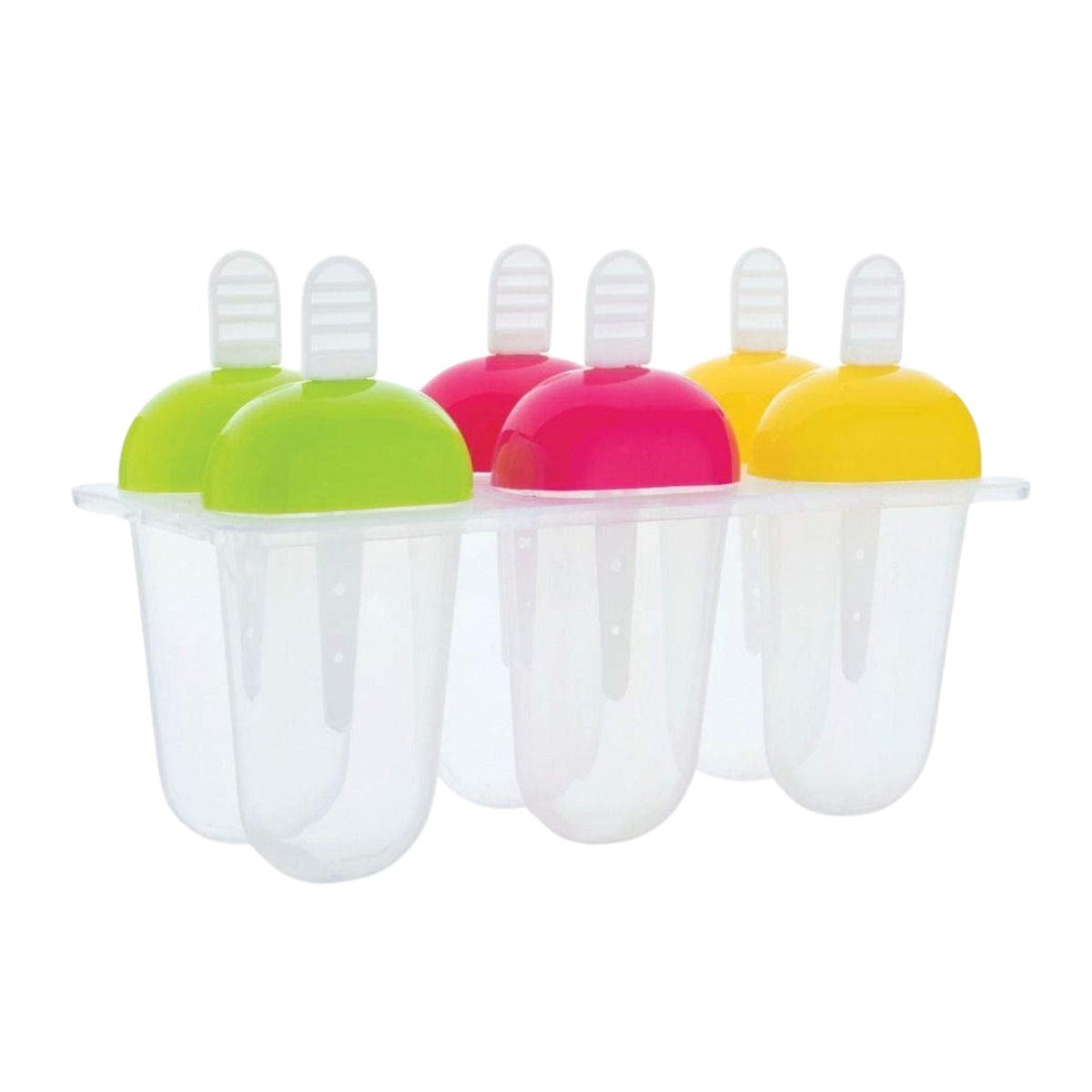 A 6-piece clear plastic ice candy mold with green, pink, and yellow tops is displayed on a white background