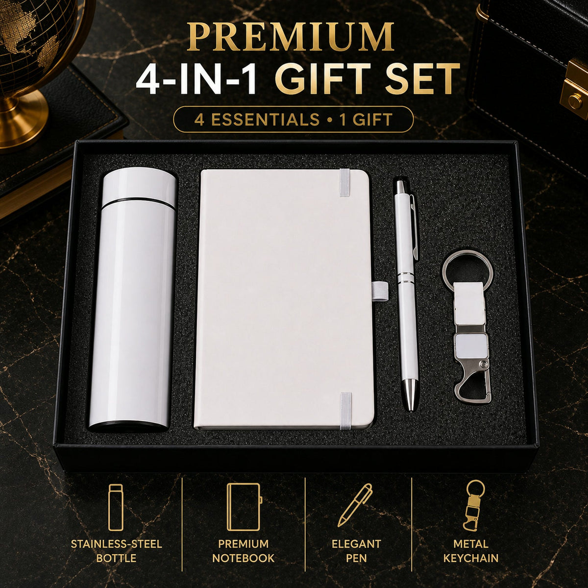 Detailed features of the 4-in-1 office essentials gift set components.