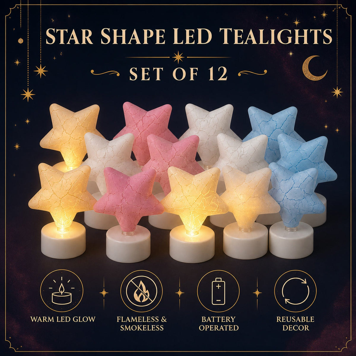 A set of twelve star-shaped LED tealight candles in various colors, with icons illustrating their features.