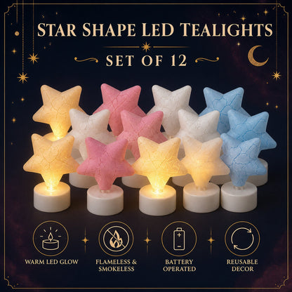 A set of twelve star-shaped LED tealight candles in various colors, with icons illustrating their features.