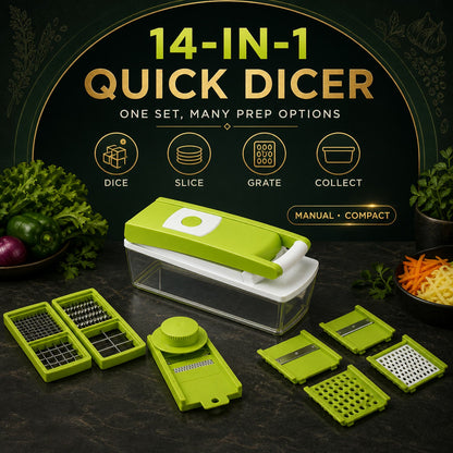A green and white 14-in-1 quick dicer with all its attachments is displayed on a dark surface, with fresh vegetables in the
