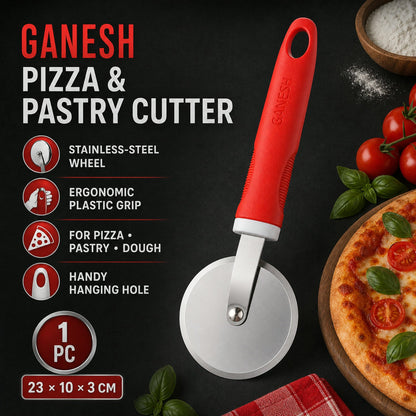 A red-handled pizza and pastry cutter with a stainless steel wheel is displayed with its features on a dark background.
