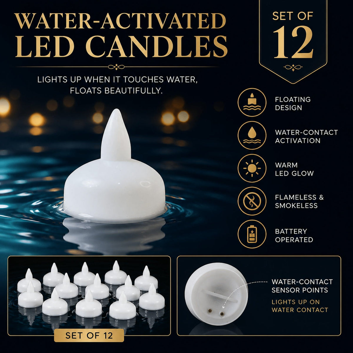 A graphic detailing features of water-activated LED candles, showing a single candle floating and a set of 12.