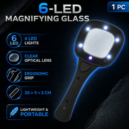 Features of the LED magnifying glass highlighted in a dark setting.