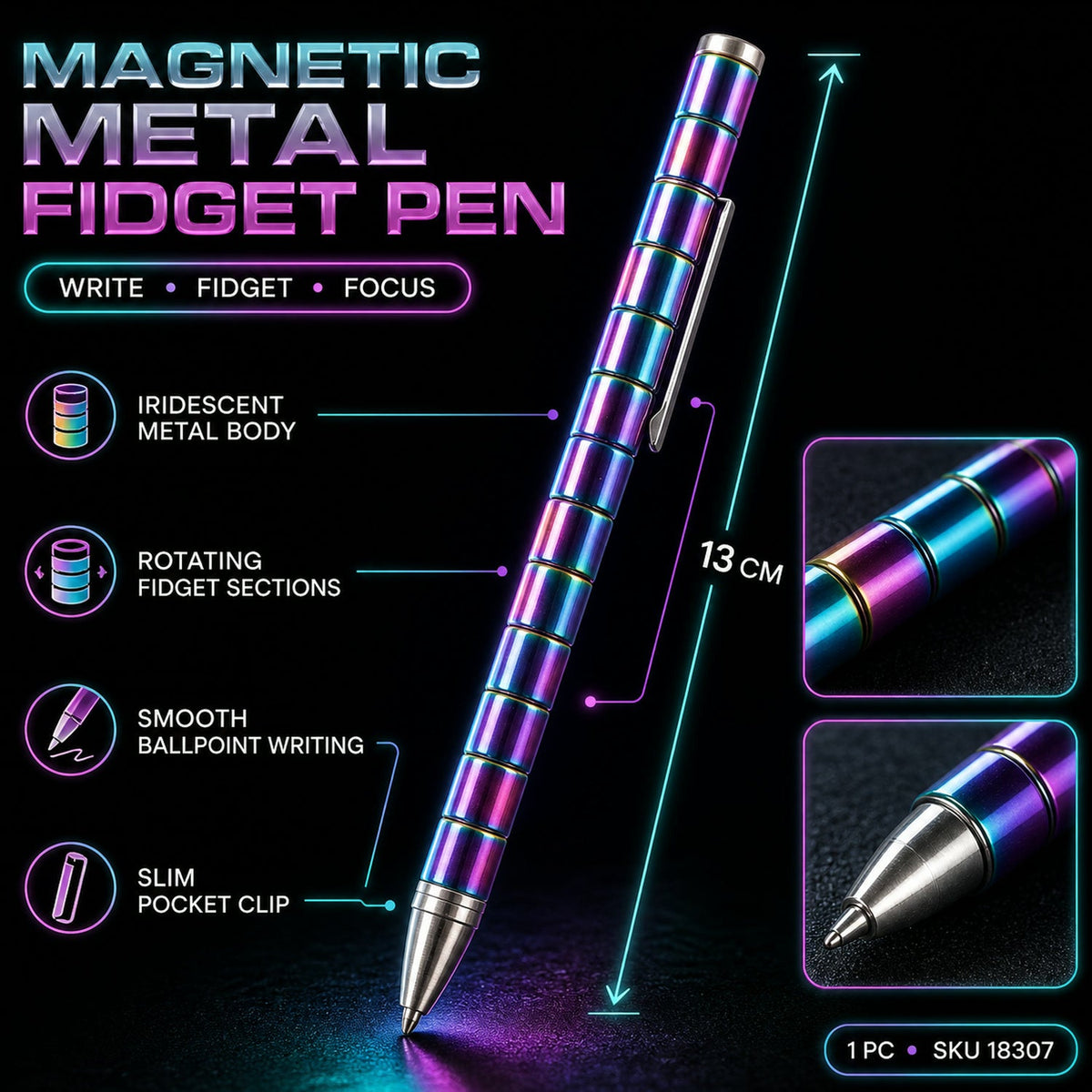 A graphic displaying the magnetic metal fidget pen with its features, including an iridescent body and rotating sections,