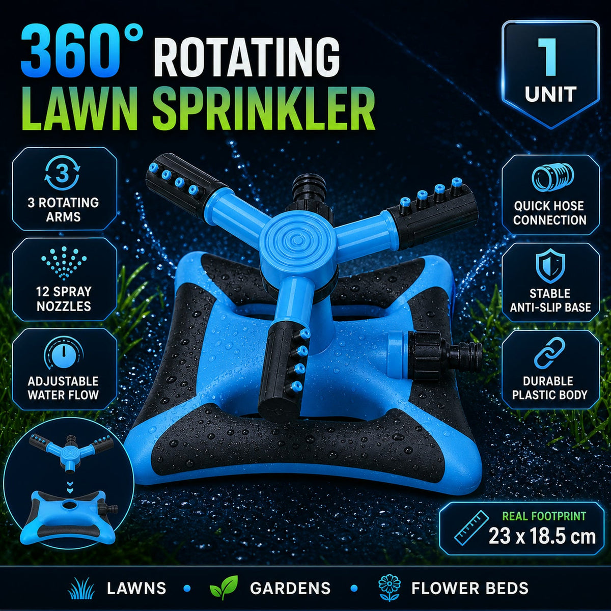 A blue and black rotating lawn sprinkler with feature icons and text, including its dimensions and applications.