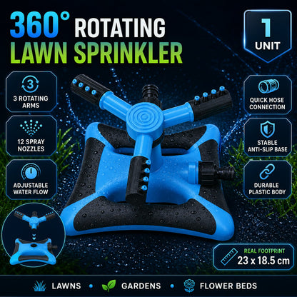 A blue and black rotating lawn sprinkler with feature icons and text, including its dimensions and applications.