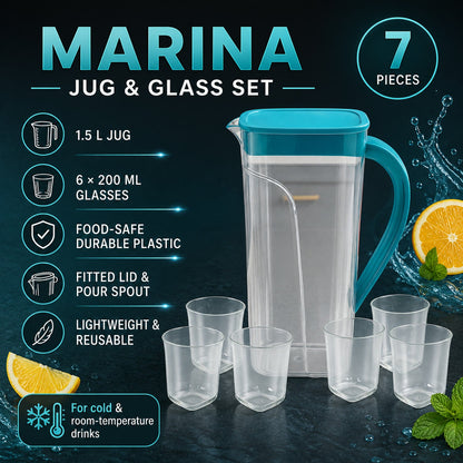 Plastic Jug with 6 Glass Set – 1.5L Unbreakable & Elegant