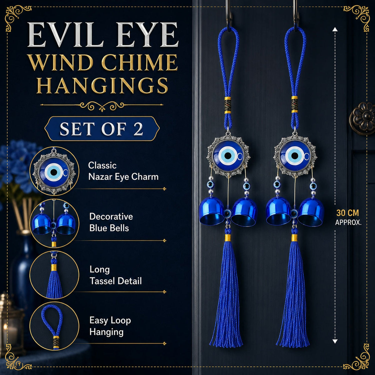Evil Eye Wind Chime with Bells and Tassels for Home Decor (2 Pc Set)