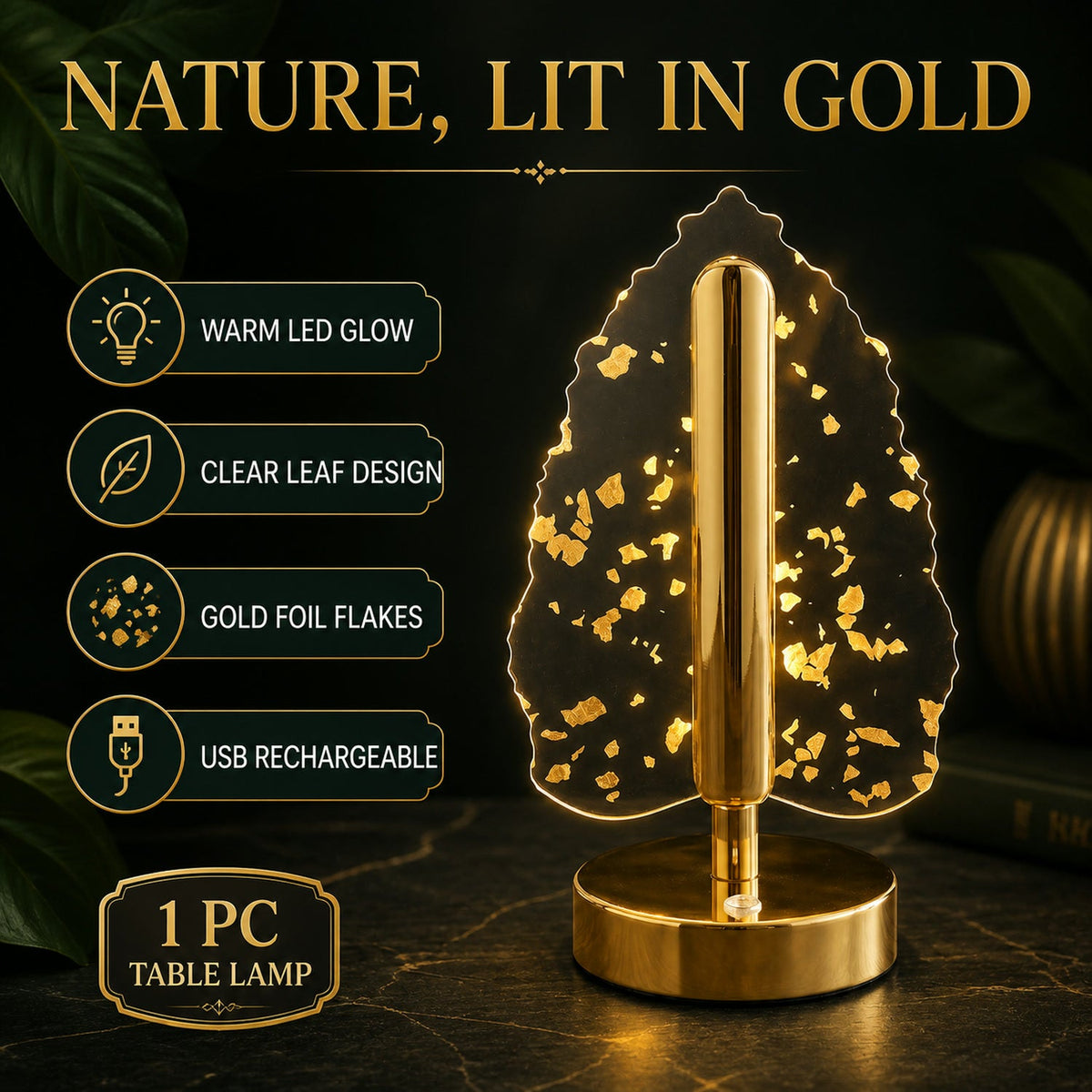 A golden crystal leaf LED table lamp on a dark surface with text highlighting its features like warm glow and USB