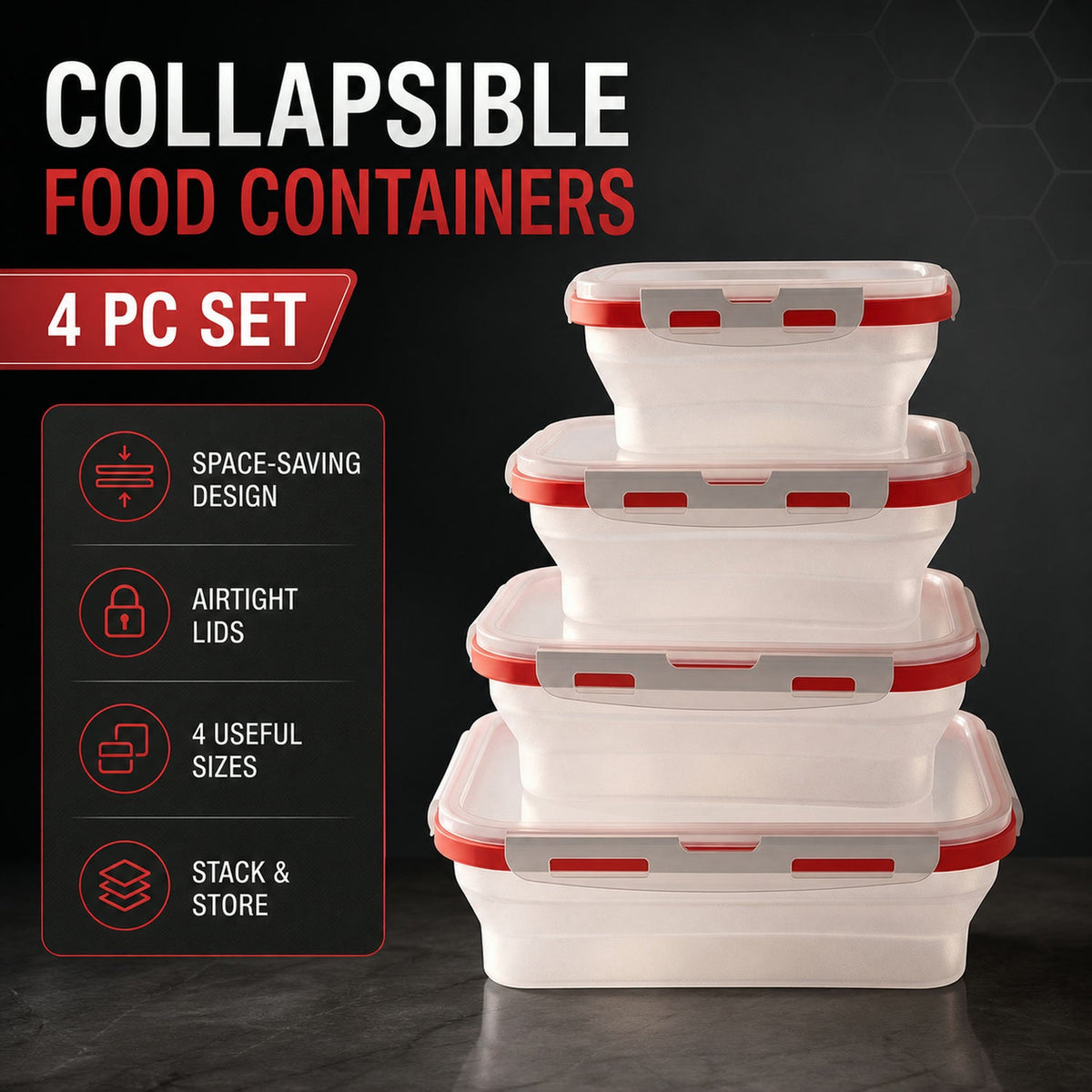 Infographic titled 'COLLAPSIBLE FOOD CONTAINERS 4 PC SET' with icons for space-saving, airtight, sizes, and stackability.