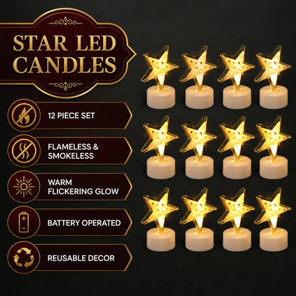 Graphic with twelve glowing star LED candles and text highlighting features like 'Flameless & Smokeless' and 'Battery