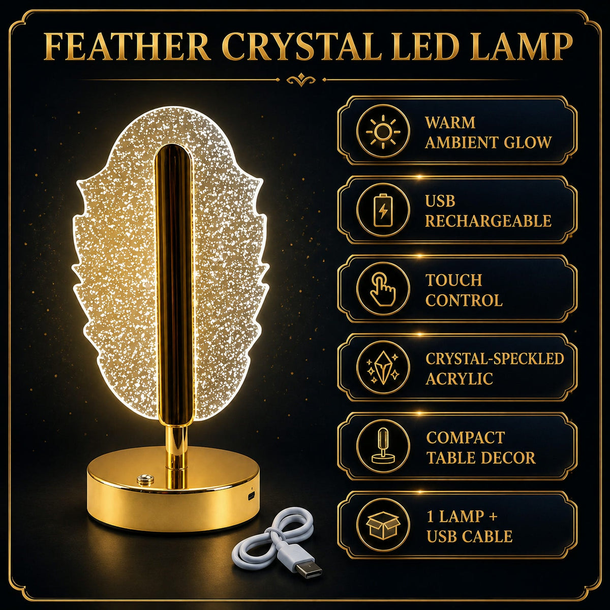 Detailed view showcasing the key features of the Feather Shape Crystal Table Lamp.