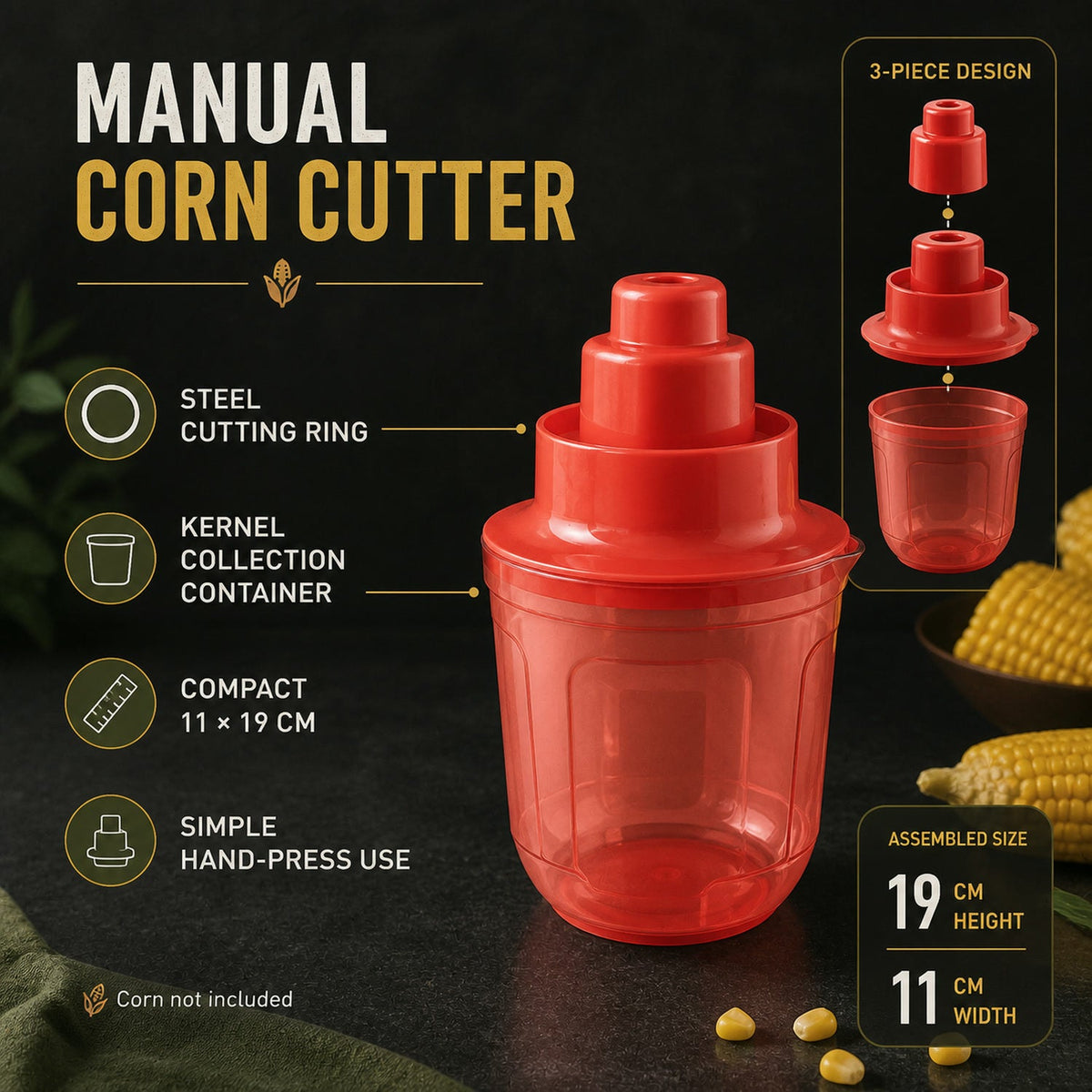 An infographic details the features of the red manual corn cutter, including its steel cutting ring and kernel collection