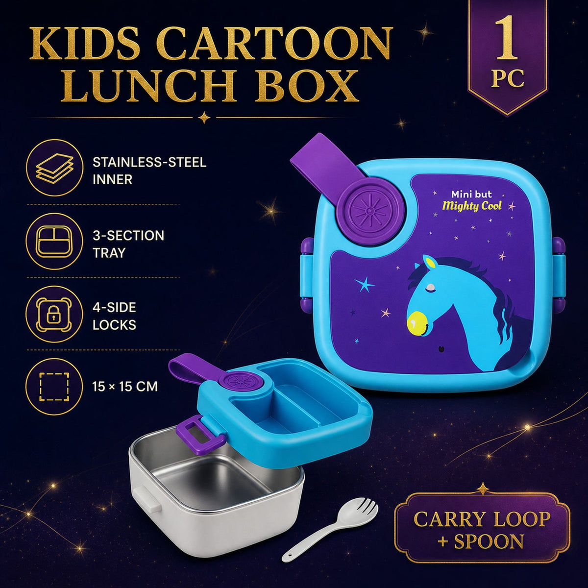 A graphic displaying the blue and purple cartoon lunch box with a horse print, highlighting its features like stainless