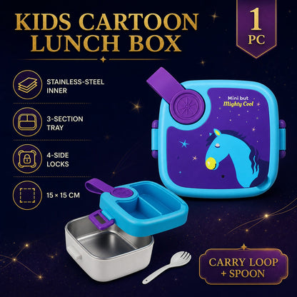 A graphic displaying the blue and purple cartoon lunch box with a horse print, highlighting its features like stainless