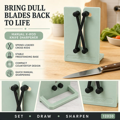 A graphic promoting the manual X-rod knife sharpener, showing its features and a knife on a wooden board.