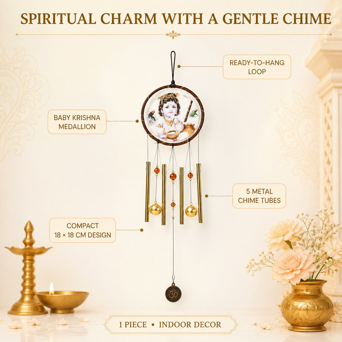 The Krishna wind chime displayed with callouts for its features, including the medallion, tubes, and compact design.