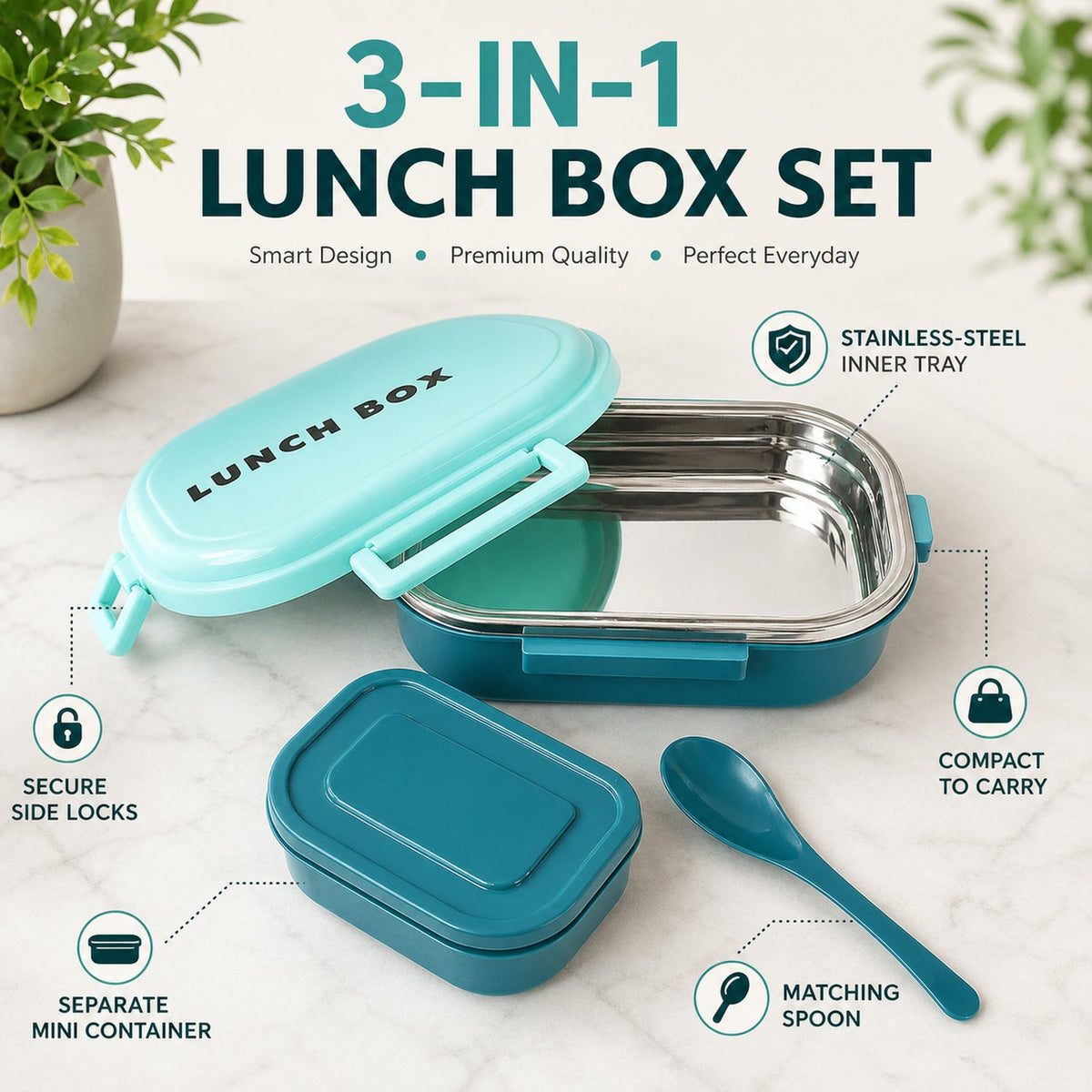 Stainless Steel Lunch Box – 3-in-1 Leakproof Set | Lunchie Bunchie