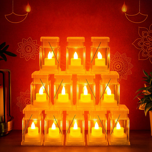 Twelve clear plastic lanterns with glowing LED candles arranged in a pyramid on a red background with festive patterns.