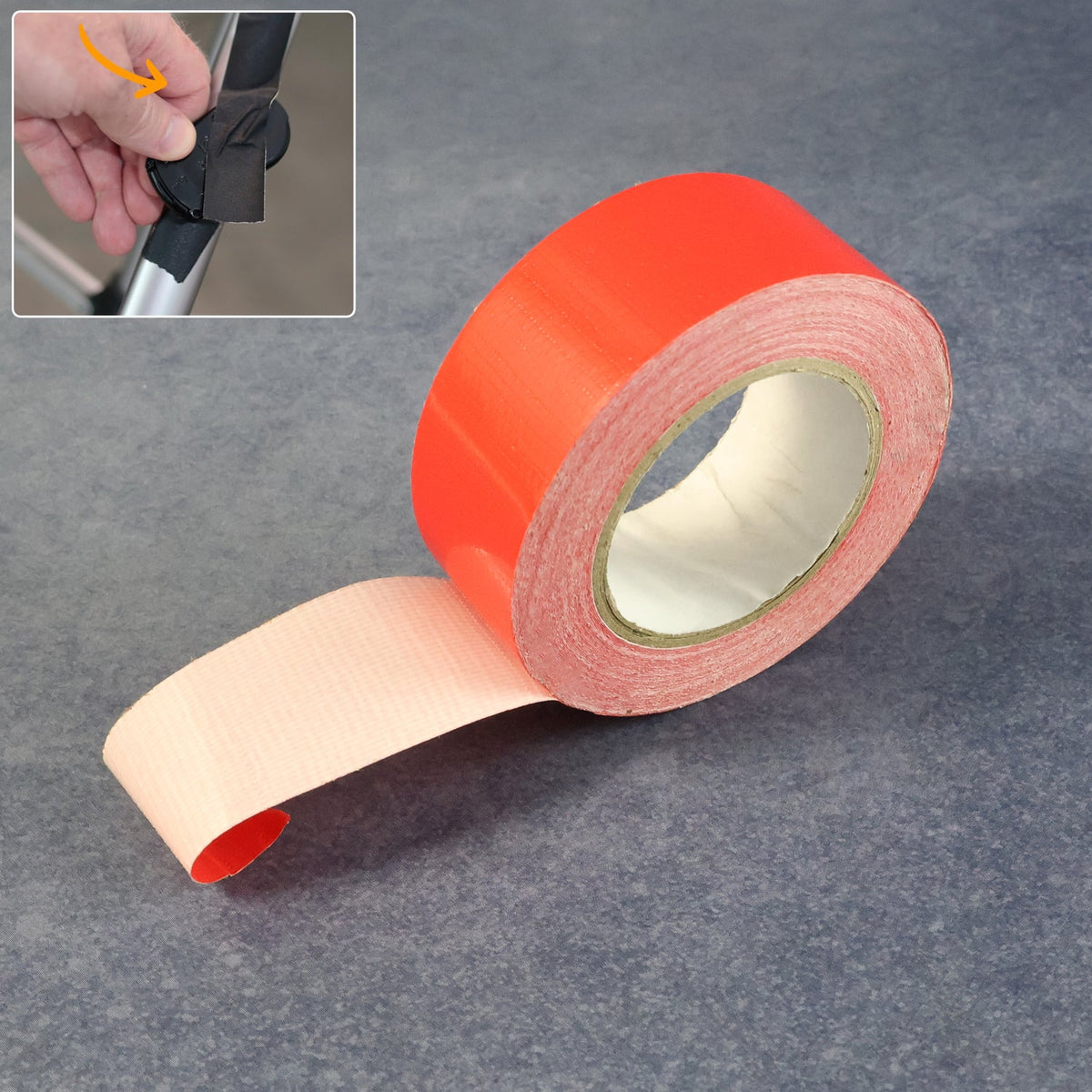 A roll of red tape with a small inset showing a hand applying black tape to a metal bar