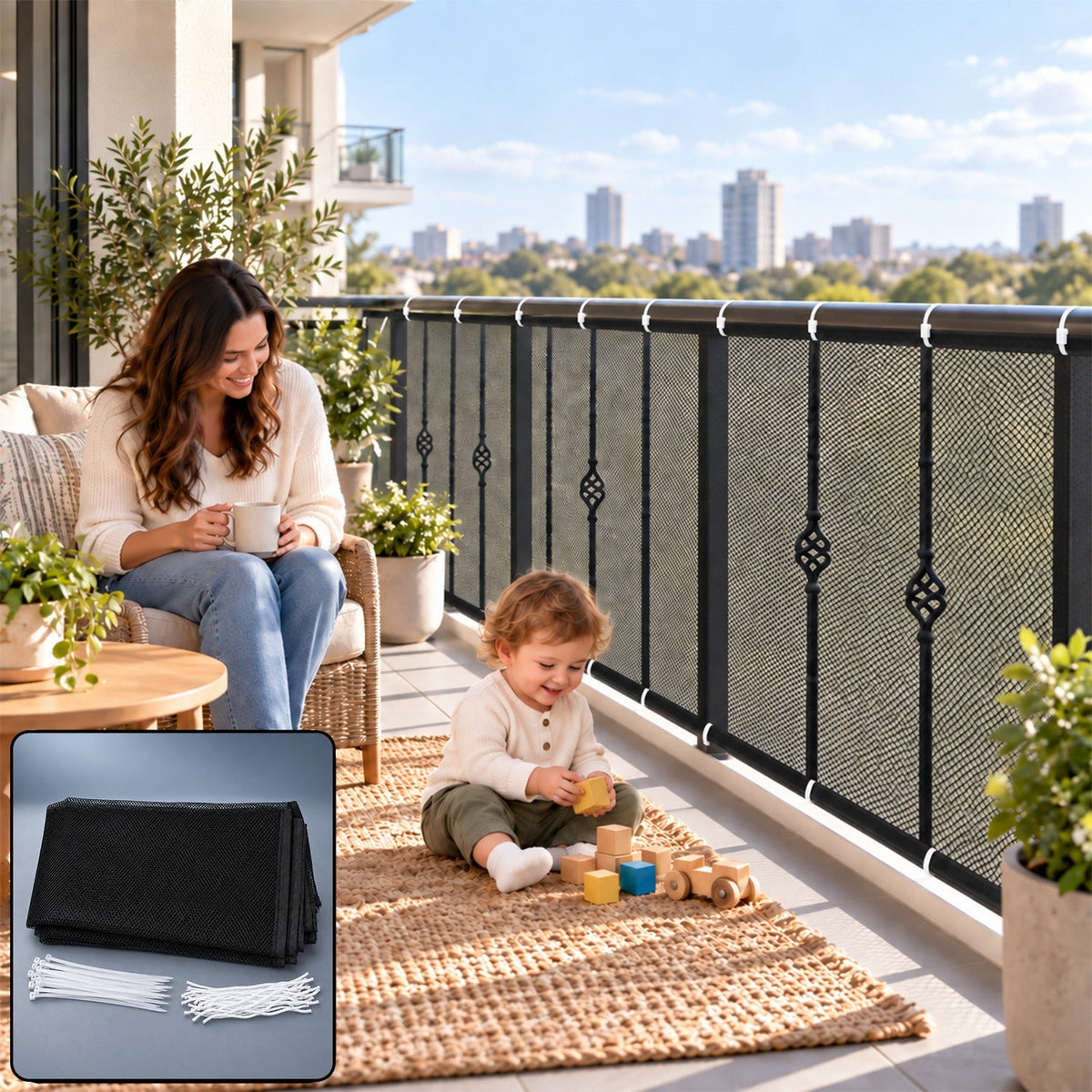 A woman and child on a balcony with a black mesh safety net installed on the railing, city skyline behind them.