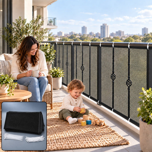A woman and child on a balcony with a black mesh safety net installed on the railing, city skyline behind them.